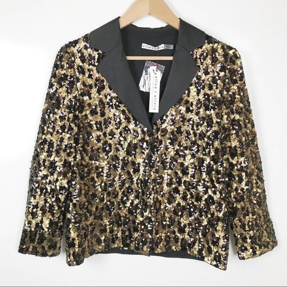Alice+Olivia Kier Sequin Leopard Blazer Jacket XS Gold Black PJ Coat - Picture 3 of 15